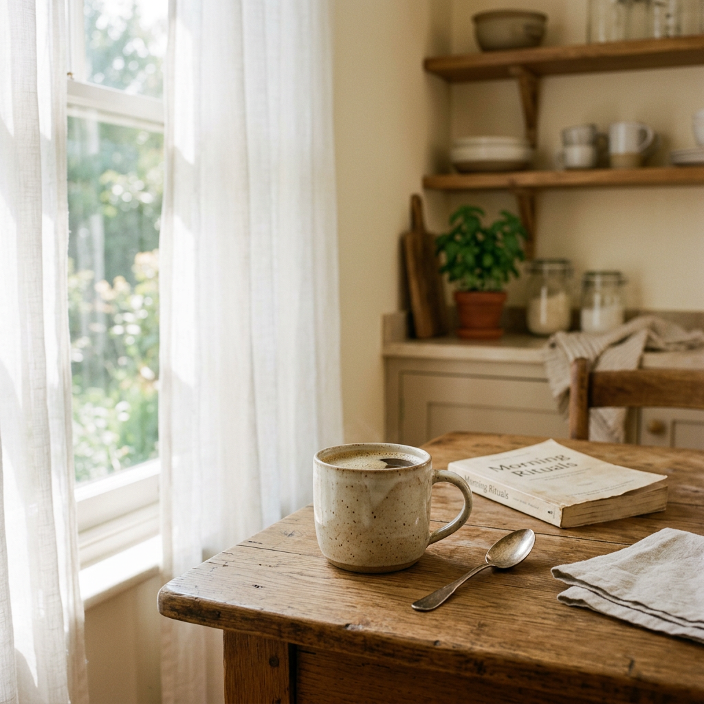 A ceramic mug of coffee on a wooden table by a sunlit window