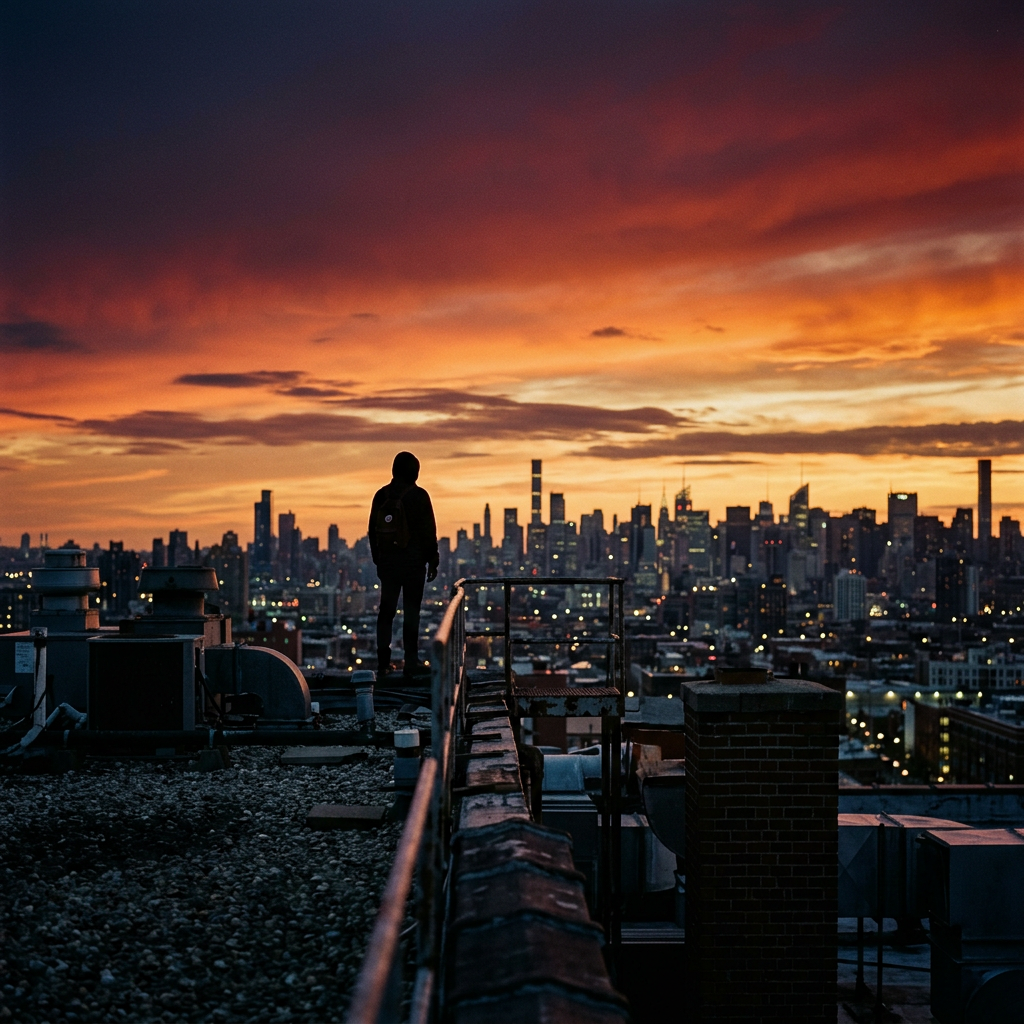 A figure on a rooftop against an orange dusk sky and city skyline