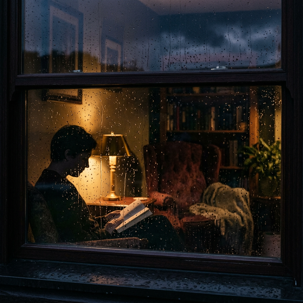 A person reading by a lamp, seen through a rainy window