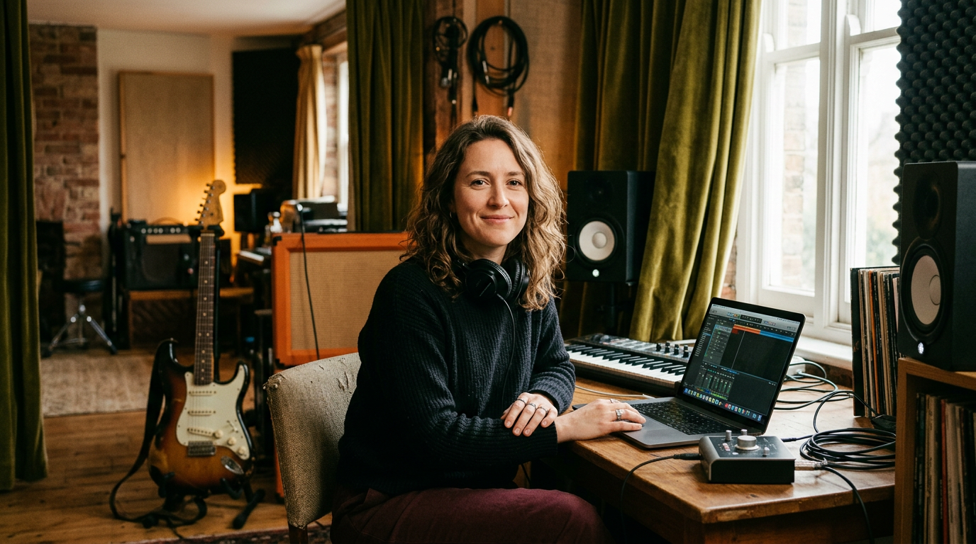 An independent producer at her desk in a home studio, headphones around her neck, a laptop and keyboard beside her