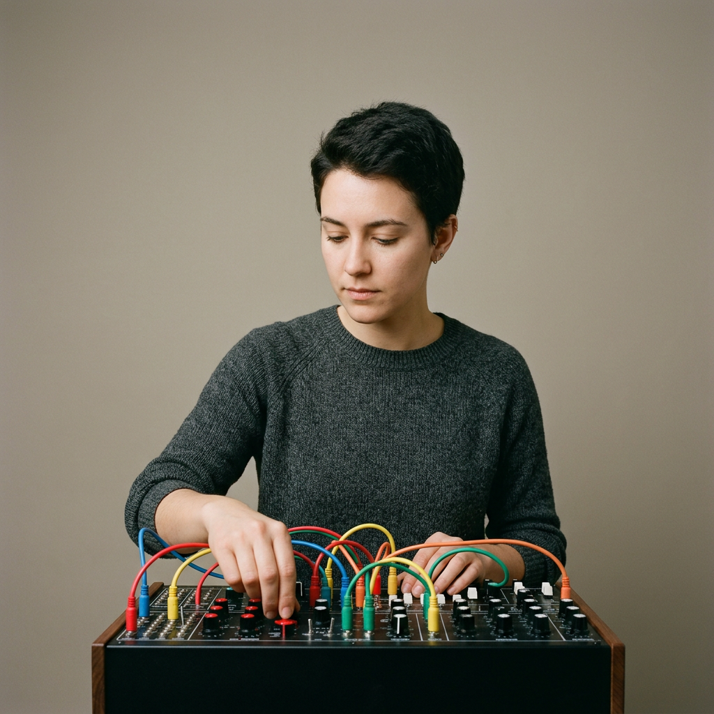 Synth player against a plain backdrop